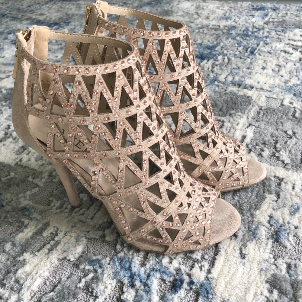 Tan suede caged bakers heels w/ rhinestone detail